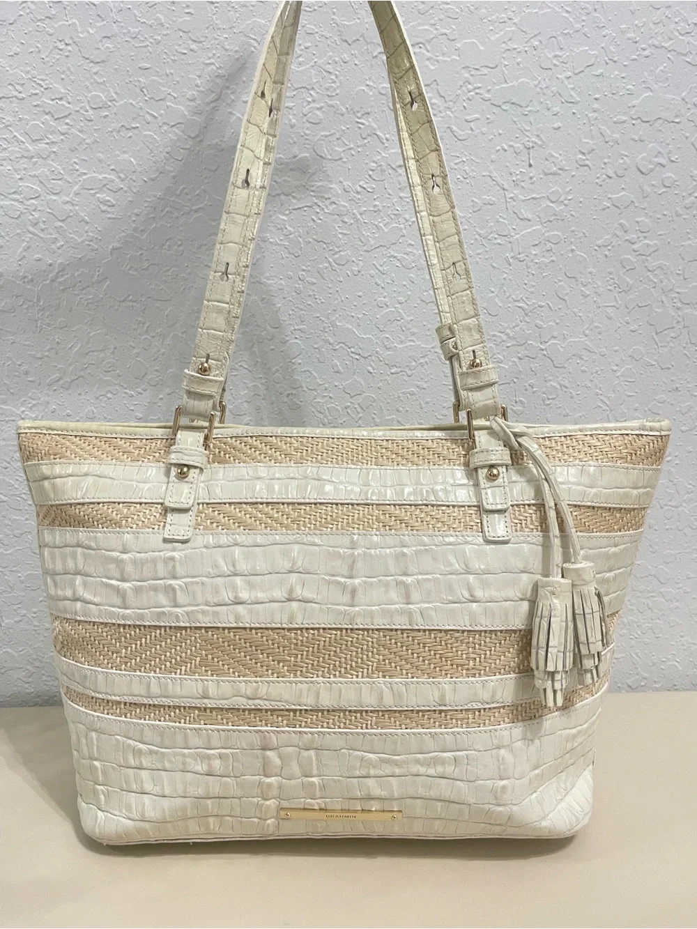 Brahmin Cream Croc-Embossed & Woven Tote Bag with Tassel